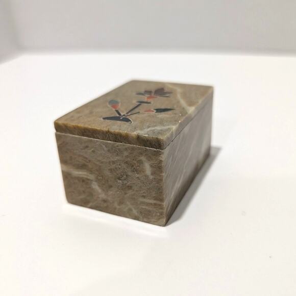 Vtg Beige Soapstone Marble Lidded Trinket Box Floral Inlay Rectangle India - Picture 3 of 16